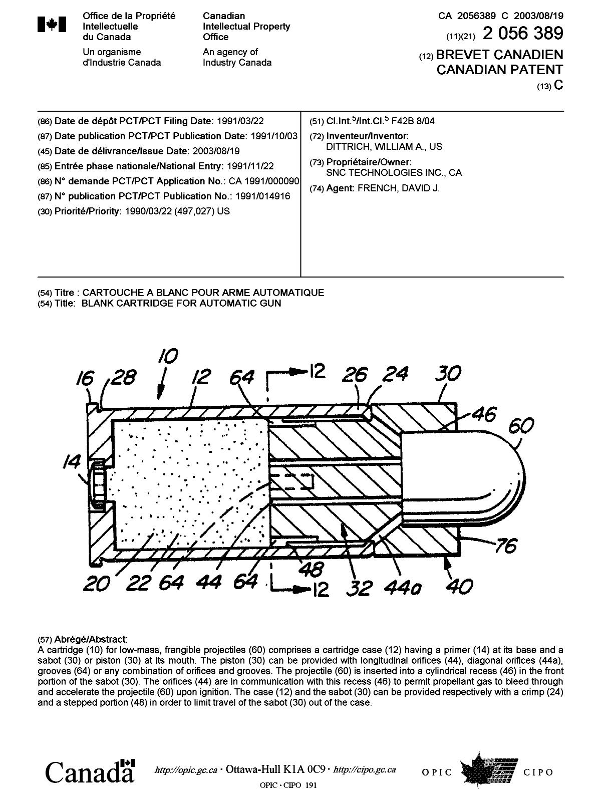 Canadian Patent Document 2056389. Cover Page 20030716. Image 1 of 1