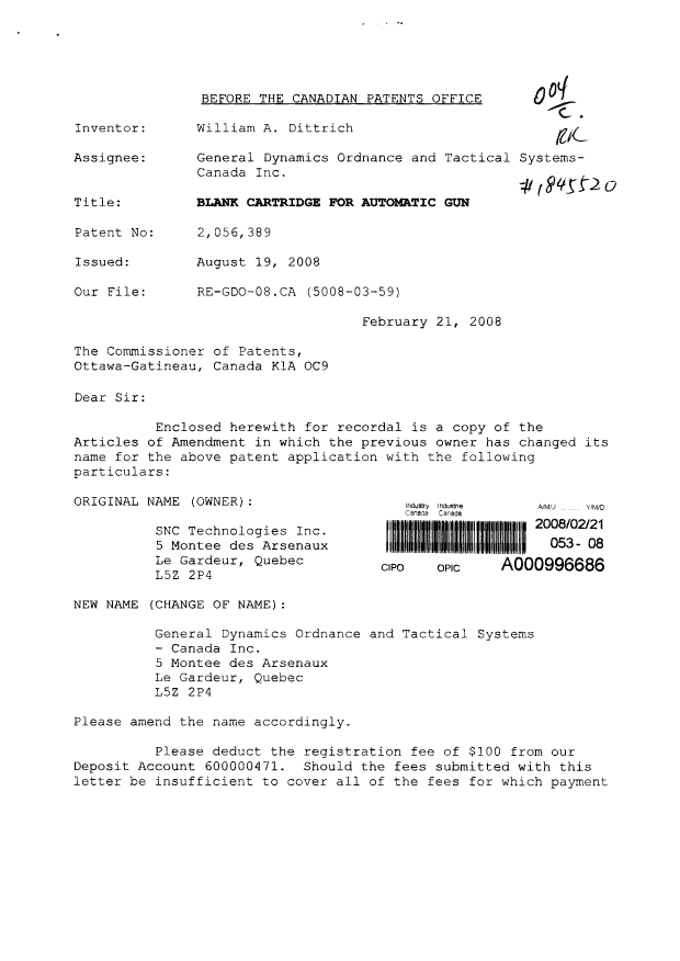 Document de brevet canadien 2056389. Cession 20080221. Image 1 de 4