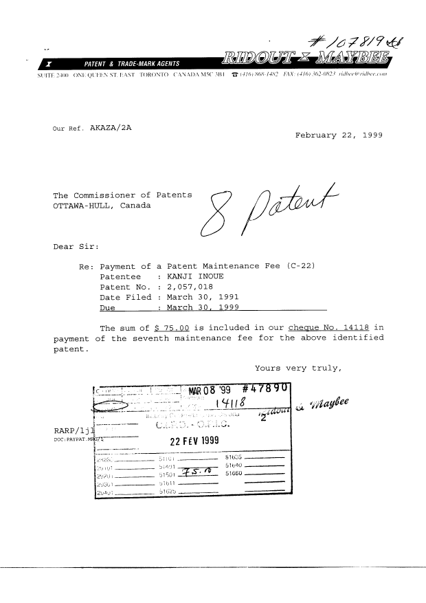 Document de brevet canadien 2057018. Taxes 19990222. Image 1 de 1