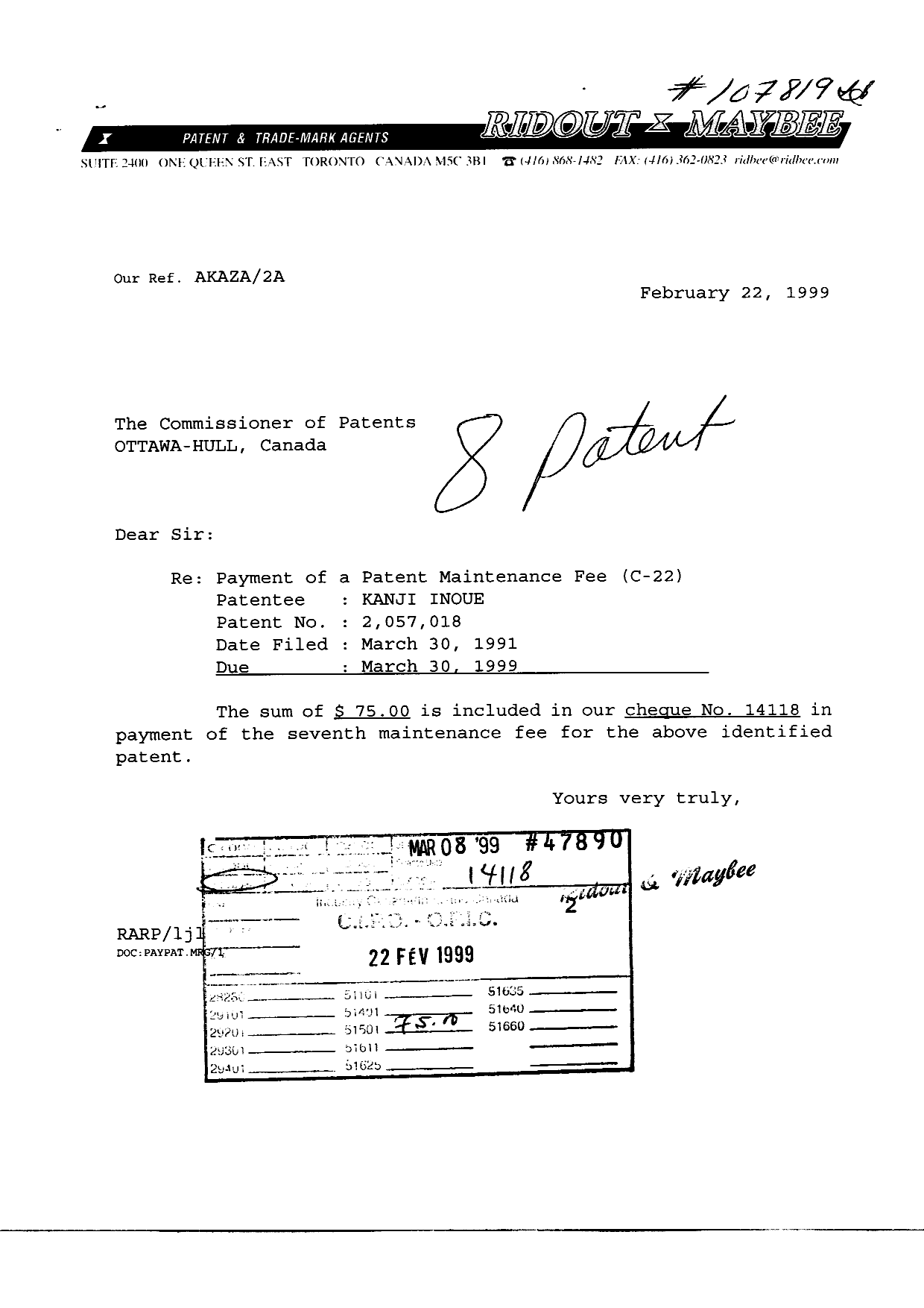 Canadian Patent Document 2057018. Fees 19990222. Image 1 of 1