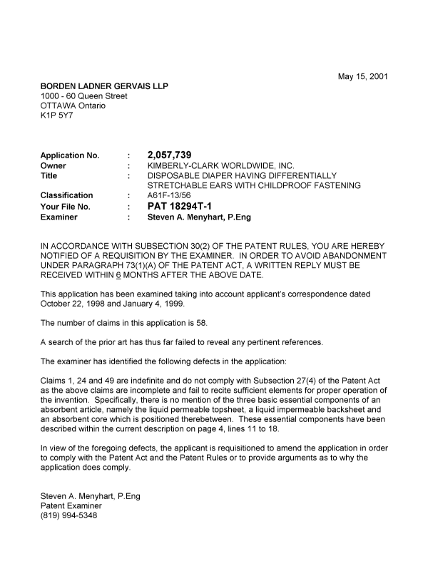 Canadian Patent Document 2057739. Prosecution-Amendment 20001215. Image 1 of 2
