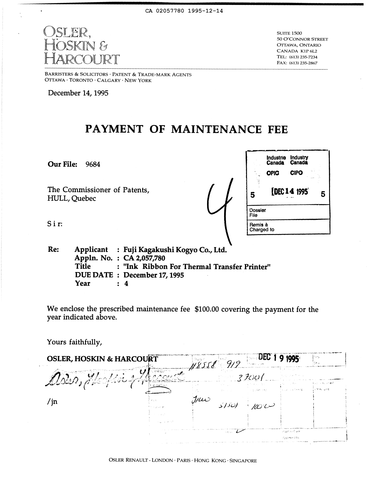 Document de brevet canadien 2057780. Taxes 19951214. Image 1 de 1