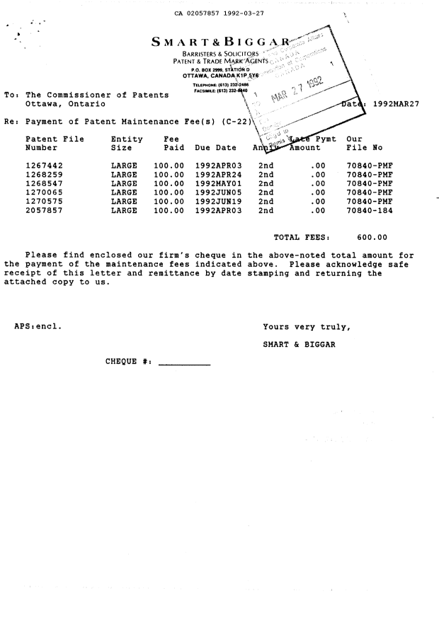 Canadian Patent Document 2057857. Fees 19920327. Image 1 of 1