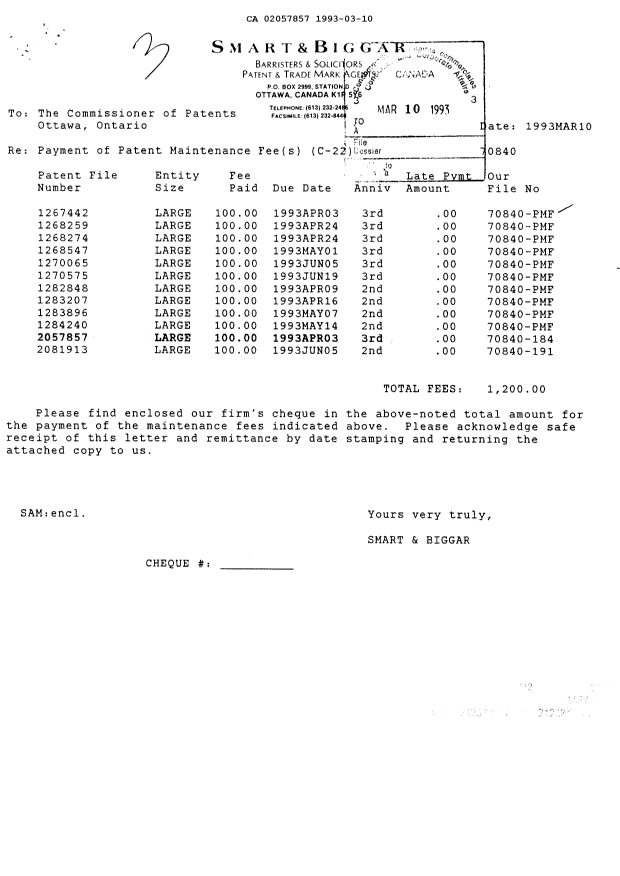 Document de brevet canadien 2057857. Taxes 19930310. Image 1 de 1