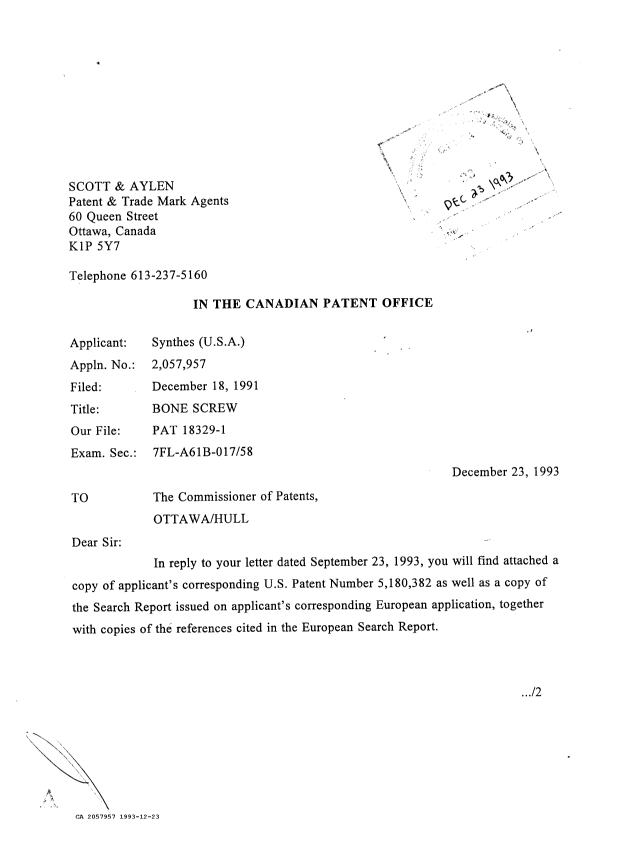 Document de brevet canadien 2057957. Correspondance de la poursuite 19931223. Image 1 de 4