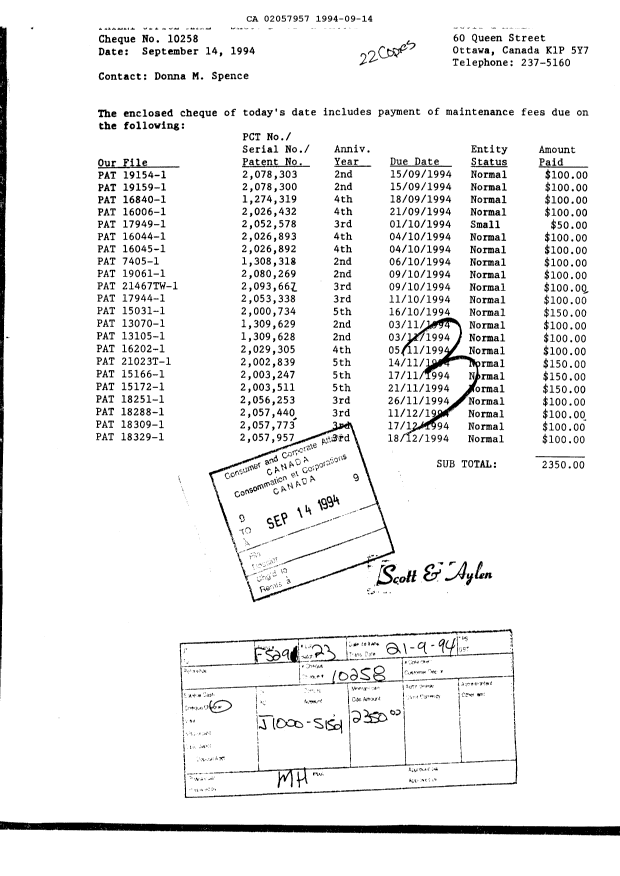 Document de brevet canadien 2057957. Taxes 19940914. Image 1 de 1
