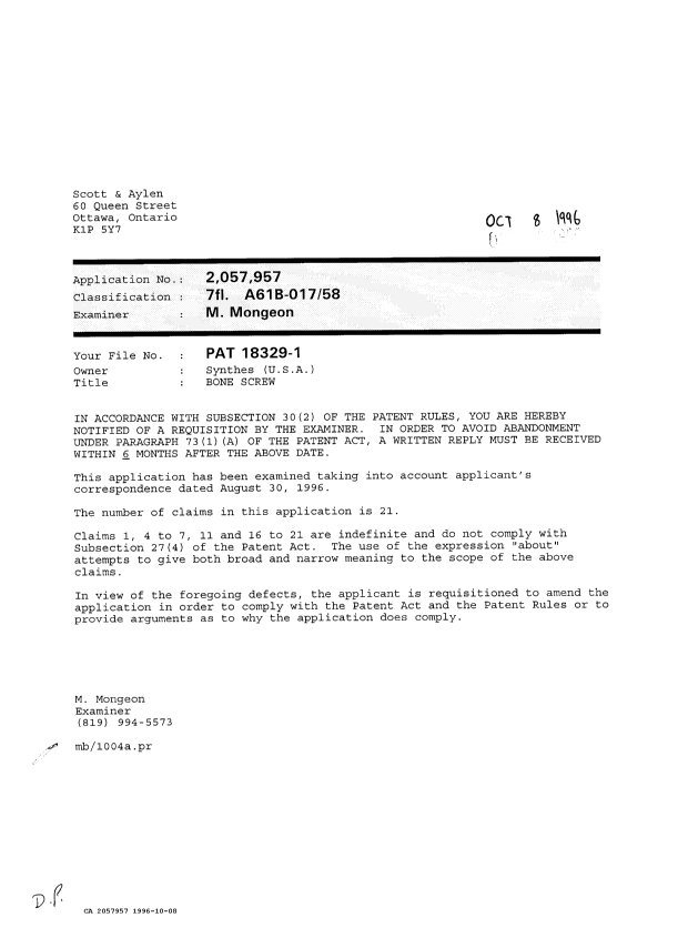 Document de brevet canadien 2057957. Demande d'examen 19961008. Image 1 de 1