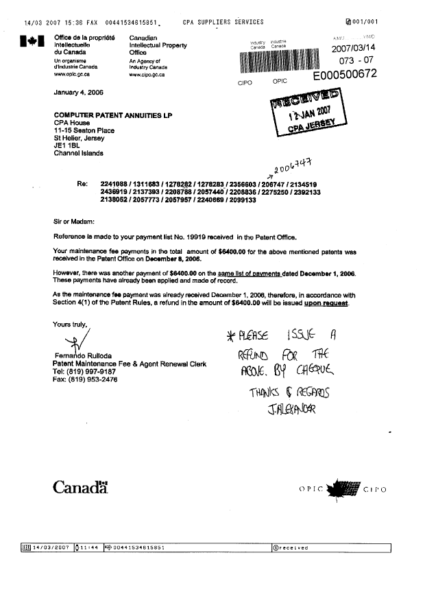 Document de brevet canadien 2057957. Correspondance 20070314. Image 1 de 1