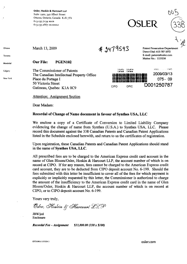Document de brevet canadien 2057957. Cession 20090313. Image 1 de 11
