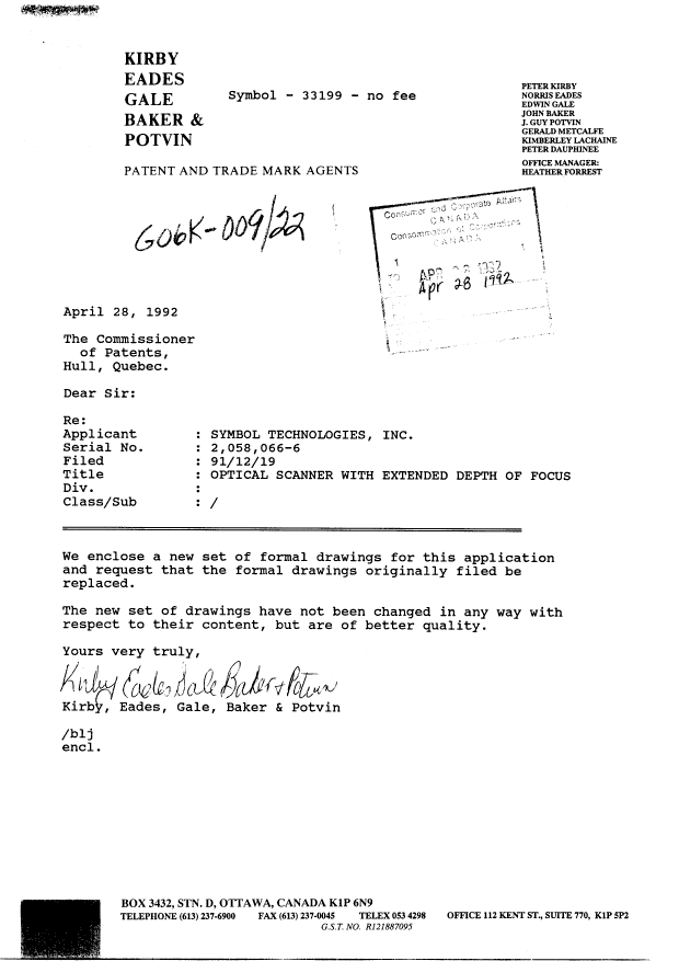Canadian Patent Document 2058066. Correspondence 19920428. Image 1 of 7