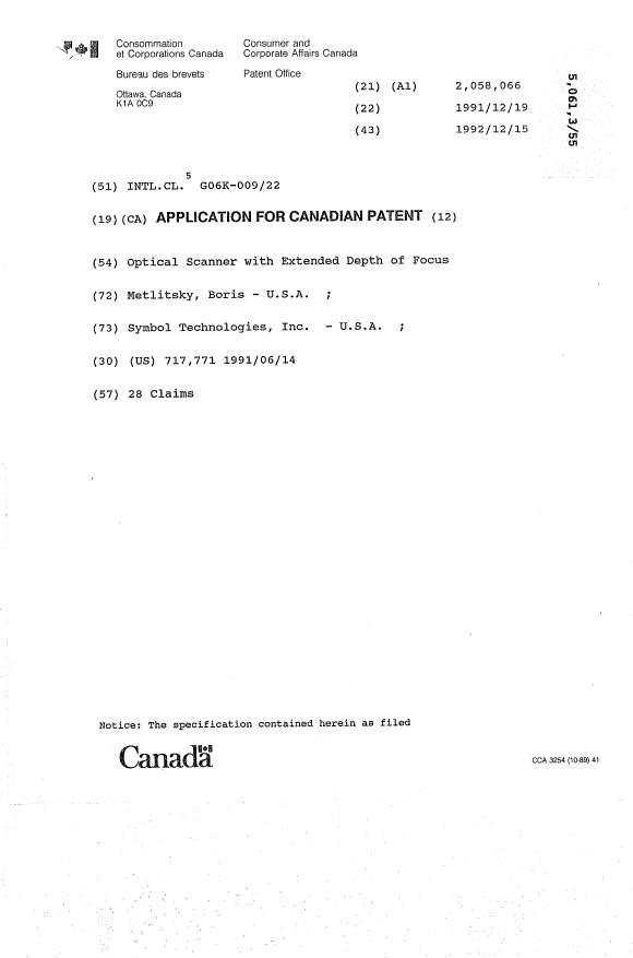 Canadian Patent Document 2058066. Cover Page 19940330. Image 1 of 1