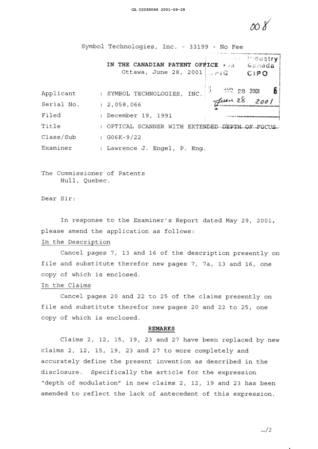 Canadian Patent Document 2058066. Prosecution-Amendment 20010628. Image 1 of 11