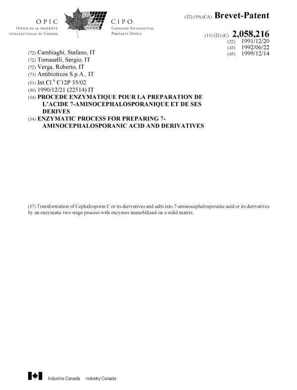 Document de brevet canadien 2058216. Page couverture 19991206. Image 1 de 1
