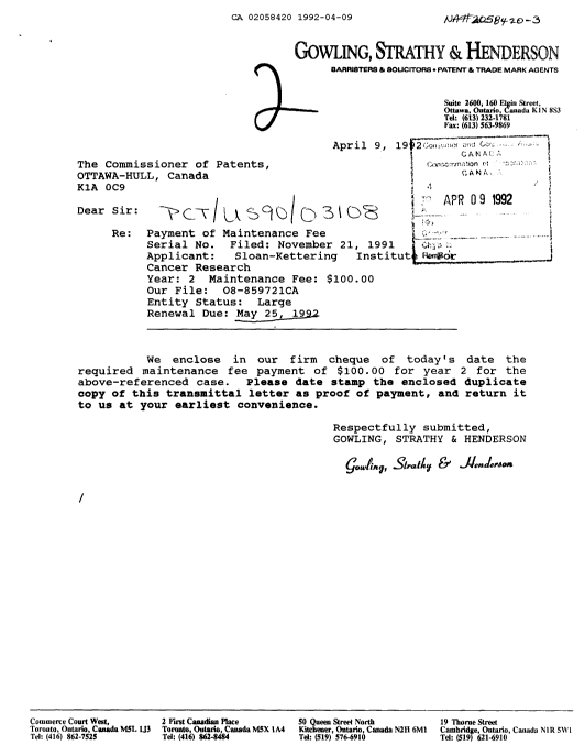 Canadian Patent Document 2058420. Fees 19920409. Image 1 of 1