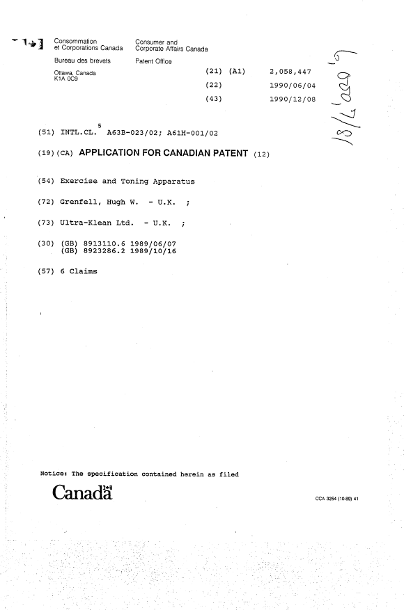 Document de brevet canadien 2058447. Page couverture 19891208. Image 1 de 1