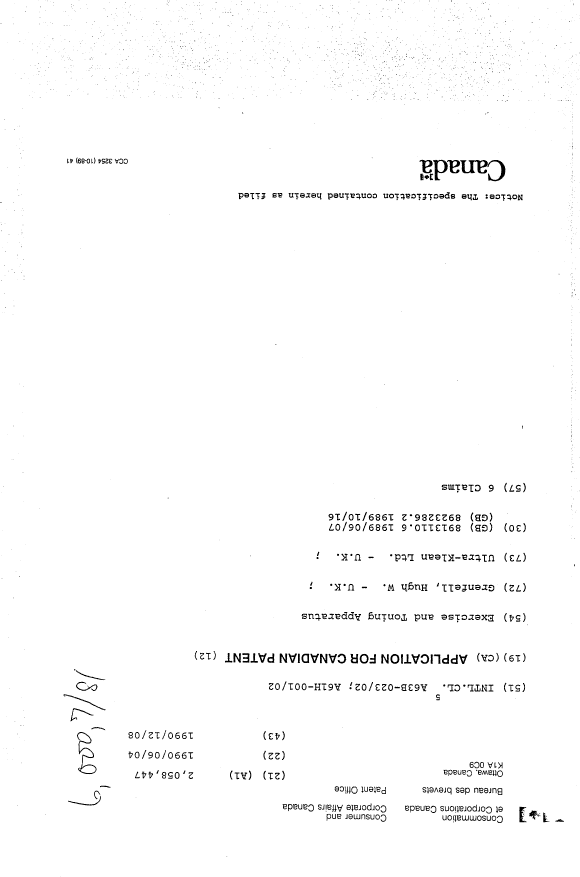 Canadian Patent Document 2058447. Cover Page 19891208. Image 1 of 1