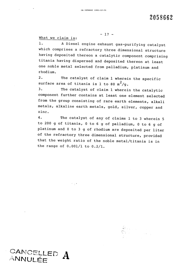 Canadian Patent Document 2058662. Prosecution Correspondence 19911231. Image 2 of 24