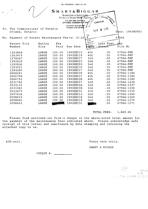 Canadian Patent Document 2058662. Fees 19931103. Image 1 of 1