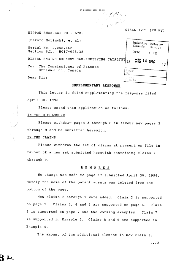 Canadian Patent Document 2058662. Prosecution Correspondence 19960515. Image 1 of 10