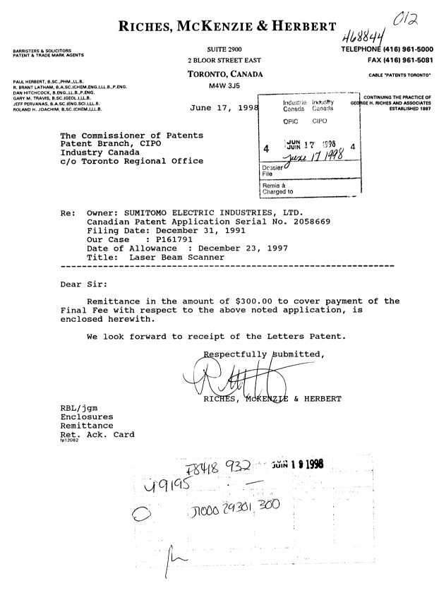 Canadian Patent Document 2058669. Correspondence 19980617. Image 1 of 1