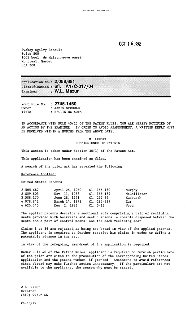 Canadian Patent Document 2058681. Examiner Requisition 19921016. Image 1 of 1
