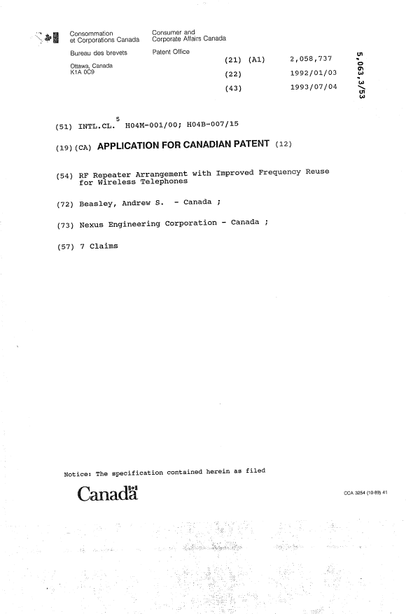 Canadian Patent Document 2058737. Cover Page 19931227. Image 1 of 1