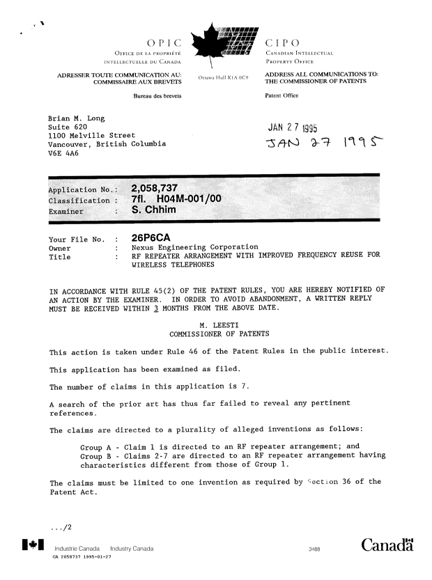 Canadian Patent Document 2058737. Prosecution-Amendment 19941227. Image 1 of 2