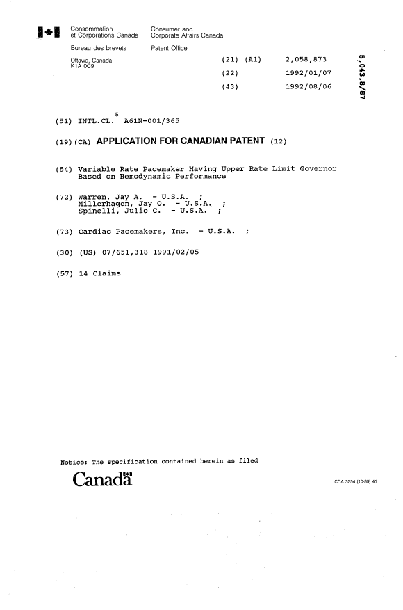 Canadian Patent Document 2058873. Cover Page 19940401. Image 1 of 1