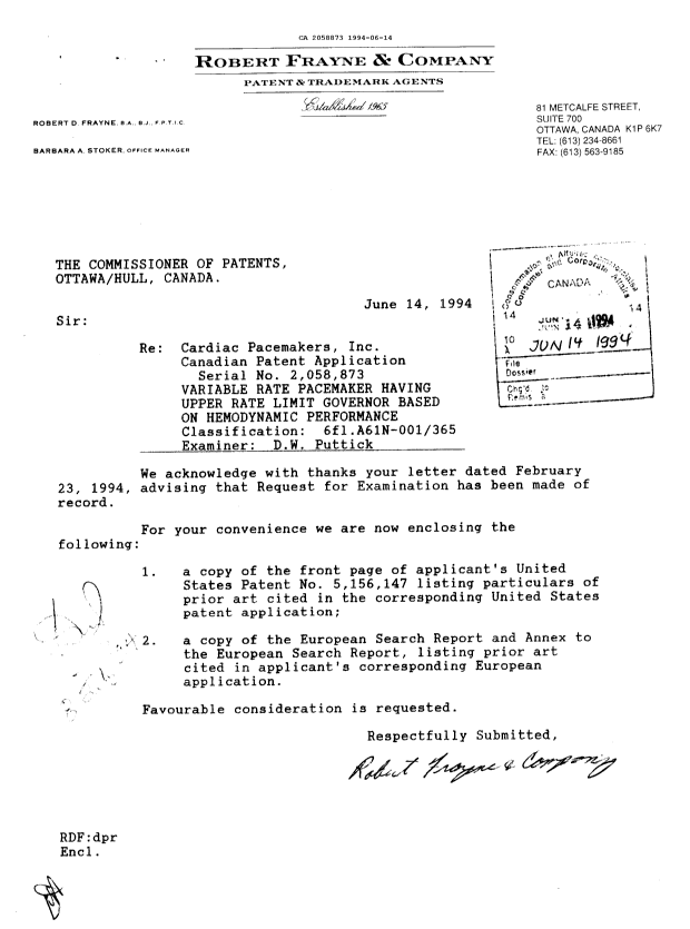 Canadian Patent Document 2058873. Prosecution Correspondence 19940614. Image 1 of 1