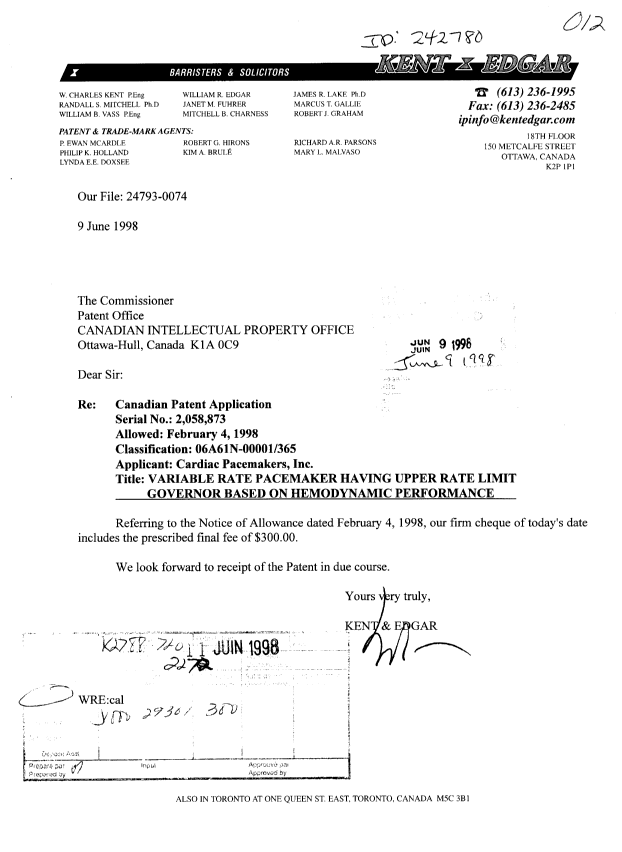 Canadian Patent Document 2058873. Correspondence 19980609. Image 1 of 1