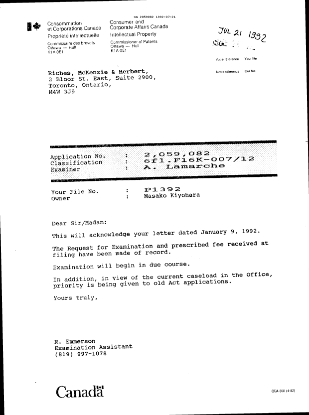 Canadian Patent Document 2059082. Office Letter 19920721. Image 1 of 1