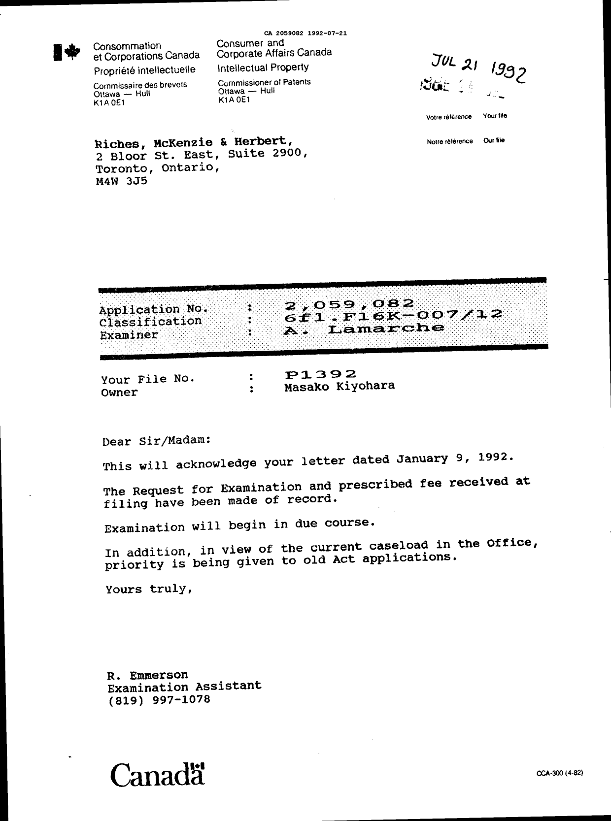 Canadian Patent Document 2059082. Office Letter 19920721. Image 1 of 1