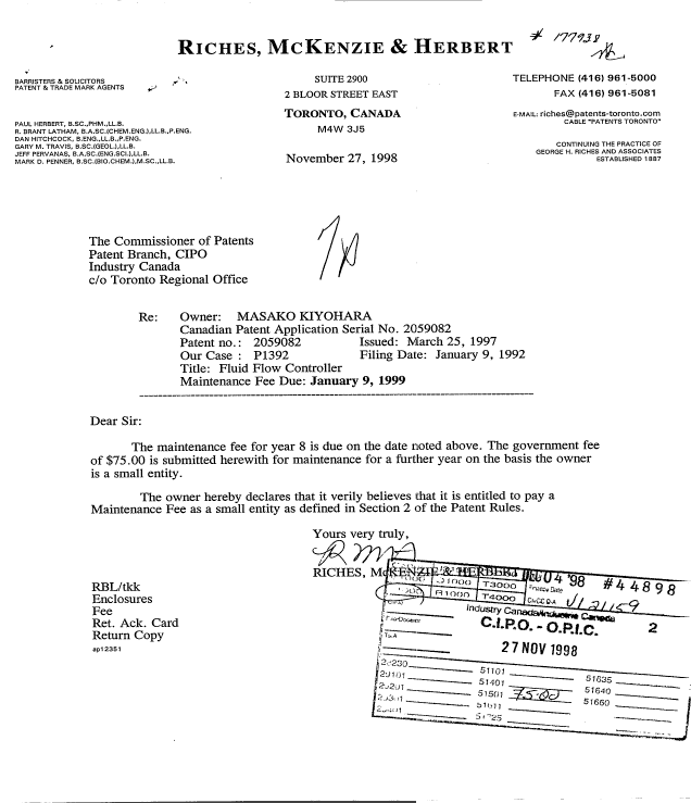 Document de brevet canadien 2059082. Taxes 19981127. Image 1 de 1