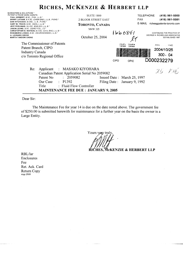 Document de brevet canadien 2059082. Taxes 20041025. Image 1 de 1