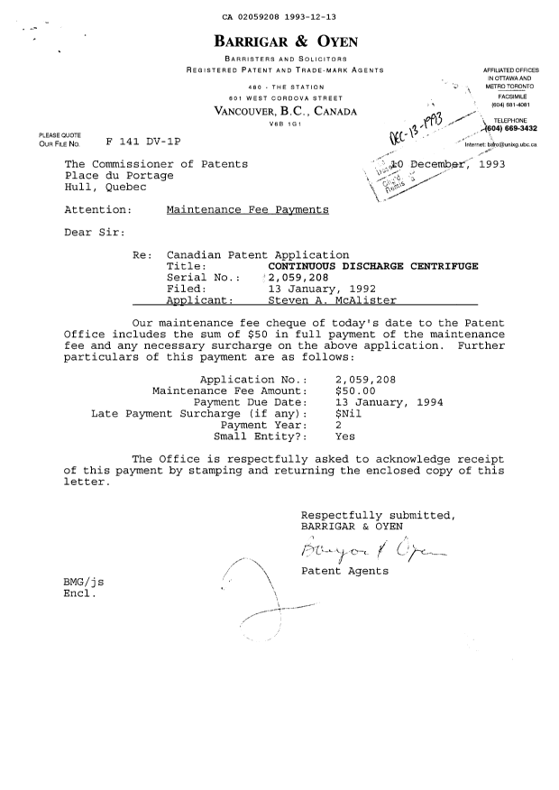 Document de brevet canadien 2059208. Taxes 19931213. Image 1 de 1