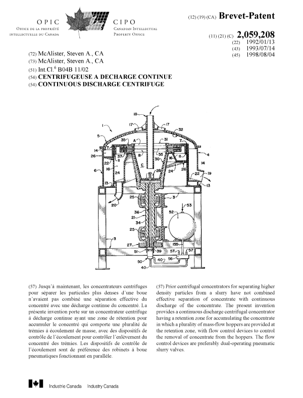 Canadian Patent Document 2059208. Cover Page 19980721. Image 1 of 1