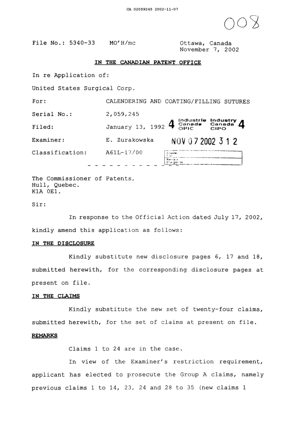 Canadian Patent Document 2059245. Prosecution-Amendment 20011207. Image 1 of 10