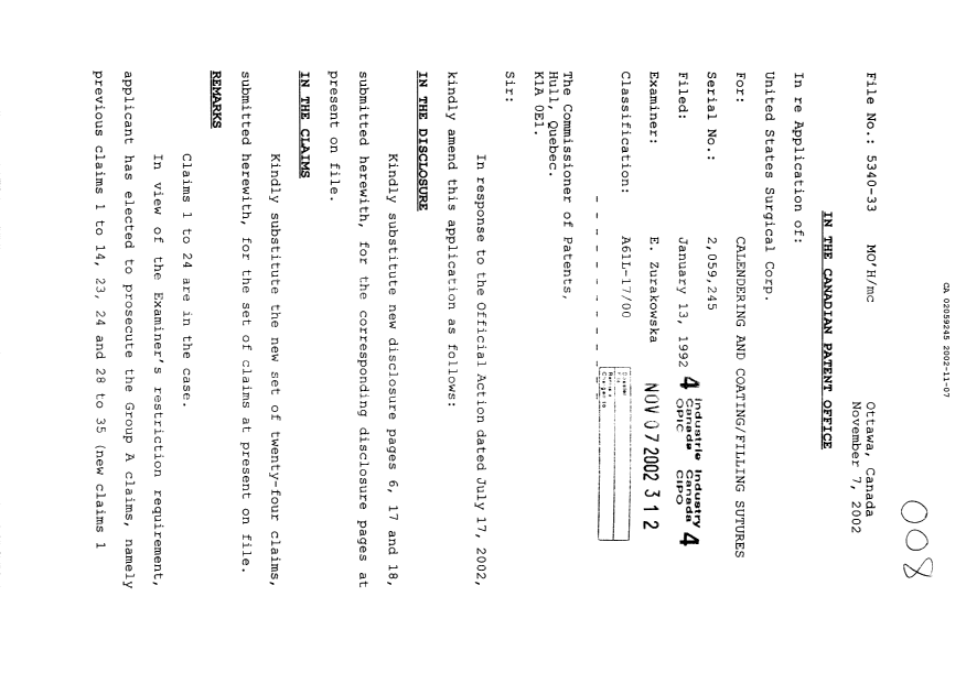 Canadian Patent Document 2059245. Prosecution-Amendment 20011207. Image 1 of 10