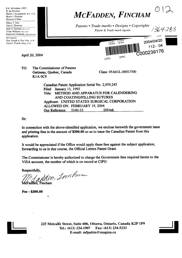 Canadian Patent Document 2059245. Correspondence 20031220. Image 1 of 1