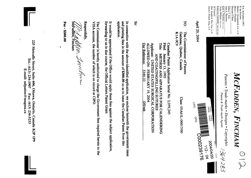 Document de brevet canadien 2059245. Correspondance 20031220. Image 1 de 1