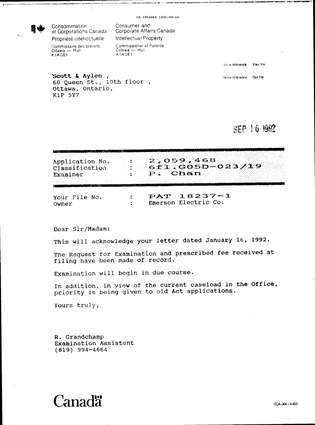Canadian Patent Document 2059468. Correspondence 19911216. Image 1 of 1