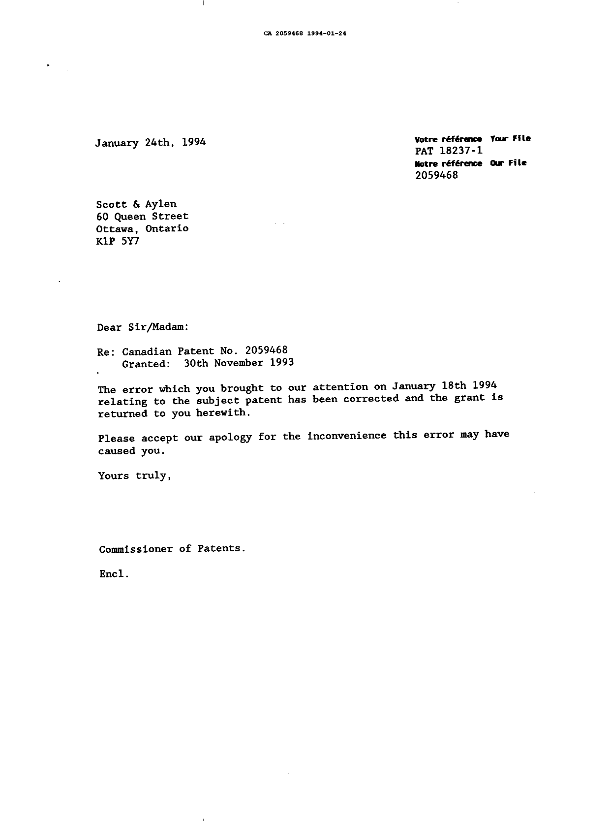 Document de brevet canadien 2059468. Correspondance 19931224. Image 1 de 1