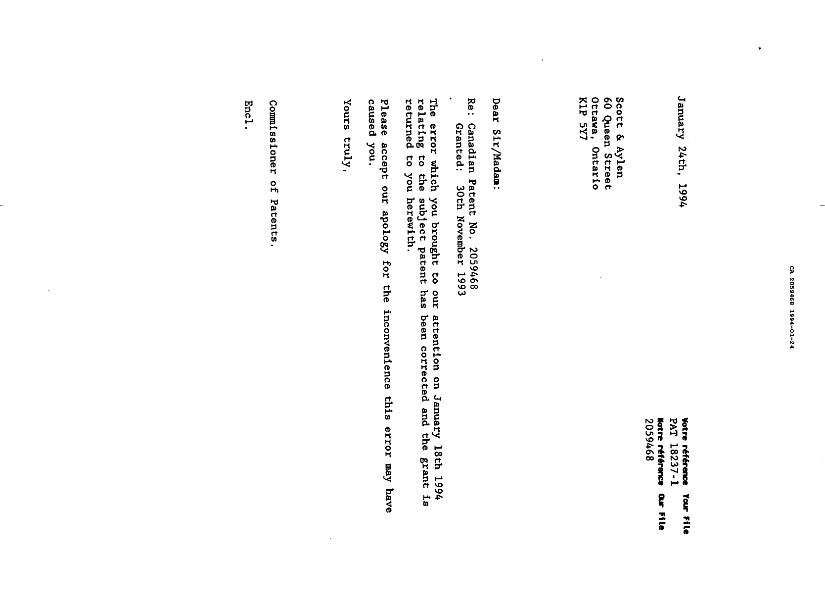 Document de brevet canadien 2059468. Correspondance 19931224. Image 1 de 1