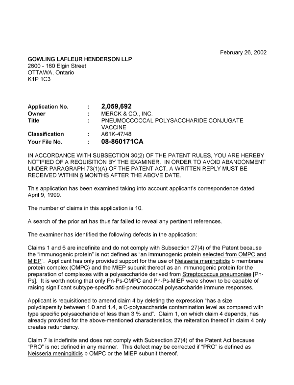 Canadian Patent Document 2059692. Prosecution-Amendment 20020226. Image 1 of 2
