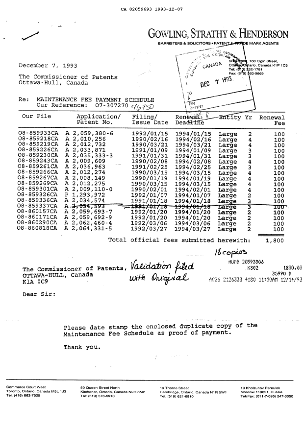 Canadian Patent Document 2059693. Fees 19931207. Image 1 of 1