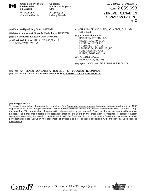 Document de brevet canadien 2059693. Page couverture 20030716. Image 1 de 1