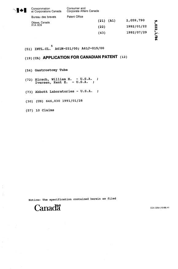 Canadian Patent Document 2059790. Cover Page 19921214. Image 1 of 1