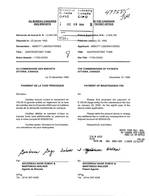 Document de brevet canadien 2059790. Taxes 19991210. Image 1 de 1