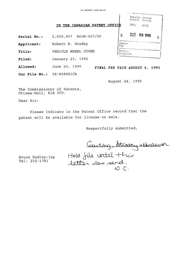 Document de brevet canadien 2059957. Correspondance reliée aux formalités 19950825. Image 1 de 1