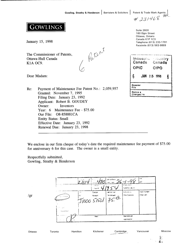 Document de brevet canadien 2059957. Taxes 19980115. Image 1 de 1